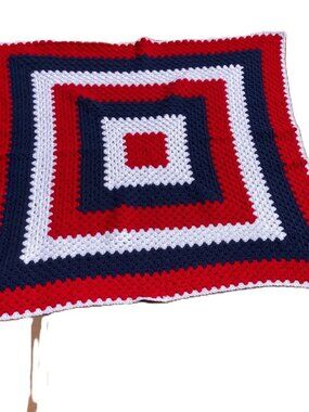 Patriotic Handmade Crocheted Square Blanket Throw Red White Blue 46 x 46 inches